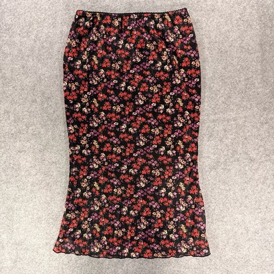 Hem & Thread Black Floral Print Mesh Midi Skirt with Scalloped Edge