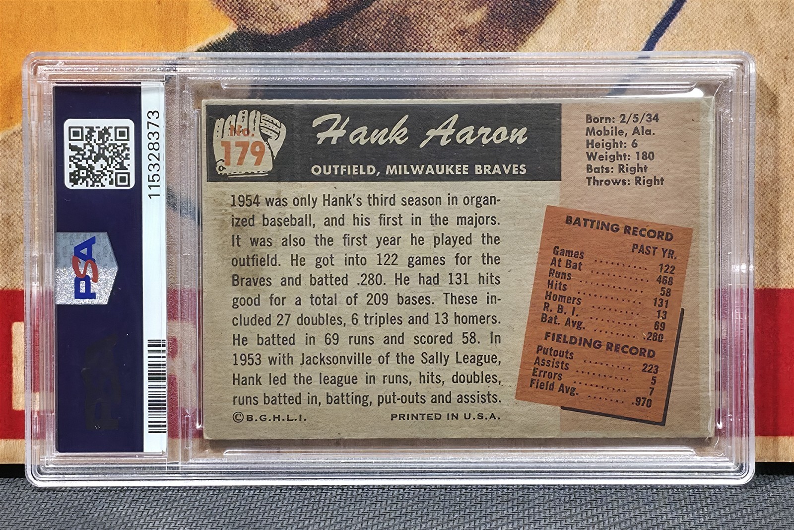 HANK AARON 1955 Bowman Baseball #179 Graded PSA 2.5 MILWAUKEE BRAVES HOF Vintage view 2