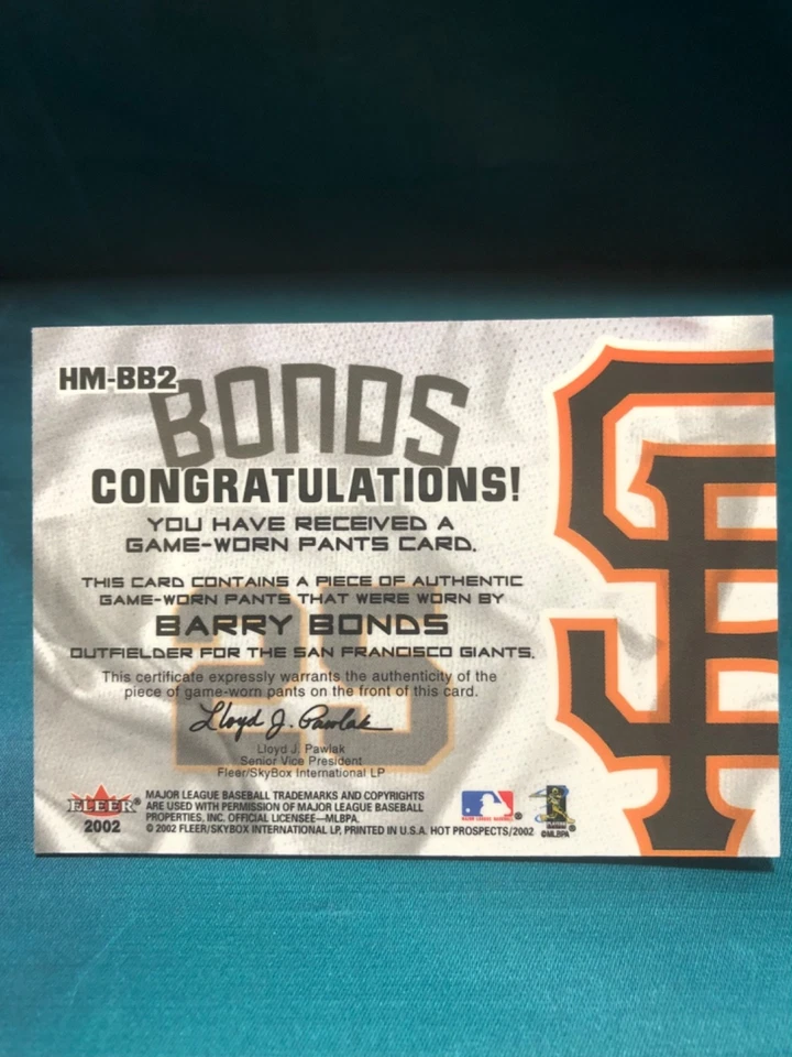 2002 Fleer Hot Prospects MLB Hot Materials Barry Bonds #HM-BB2 SF Giants GU Pant - Image 2 of 2