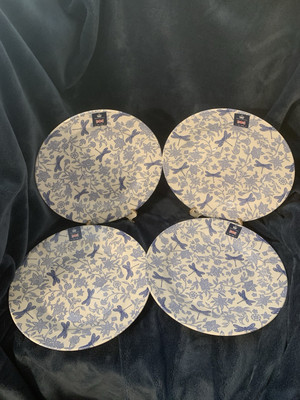 ROYAL WESSEX Set of 4 Porcelain 10.5'' Dinner Plates Blue Floral Dragonflies NEW