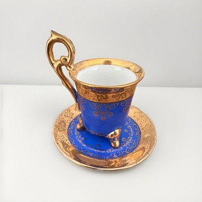 Blue & Gold Porcelain Cup & Saucer Set, Decorative Floral, Glossy, Gold coat