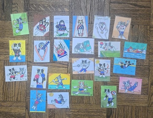 23 ACEO Cards Olympics Cat Kitten Penguins Original Art 2012-14 Signed By Artist