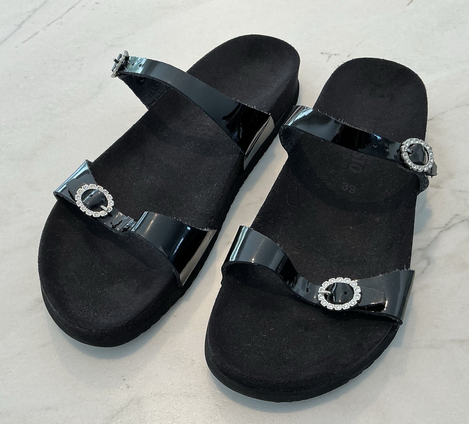 Mephisto Norie/Sydel Sandals Black Patent Leather, Rhinestones, Size 9/39