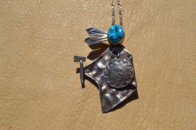 Handmade Native Amer. Pendant Warrior Shield Tomahawk Sterling Silver Turquoise