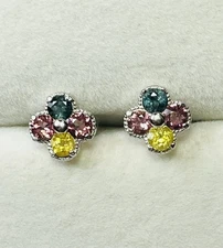 925 Sterling Silver Ntl Lagoon Blue Pinks Yellow Tourmaline Clover Stud Earrings