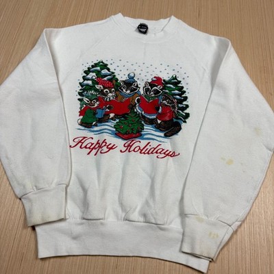 Vintage 80s Christmas Squirrel Chipmunk Sweatshirt Screen Stars medium raglan