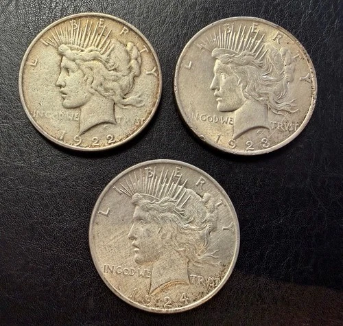 Lot of (x3) 1922-P, 1923-P, & 1924-P Peace US Silver Dollar $1 Coins
