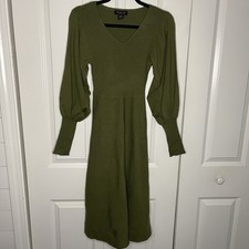 Rachel Zoe Olive Dress Medium Long Sleeve Fit Flare Vneck Green Designer Ribbed