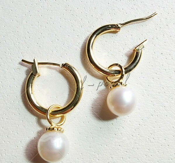 stunning 7-8mm natural akoya white AAA round pearl earrings 14k Yellow Gold hoop