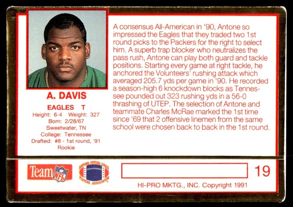 1991 Action Packed Rookie Update Antone Davis Rookie Philadelphia Eagles #19 - Image 2 of 2