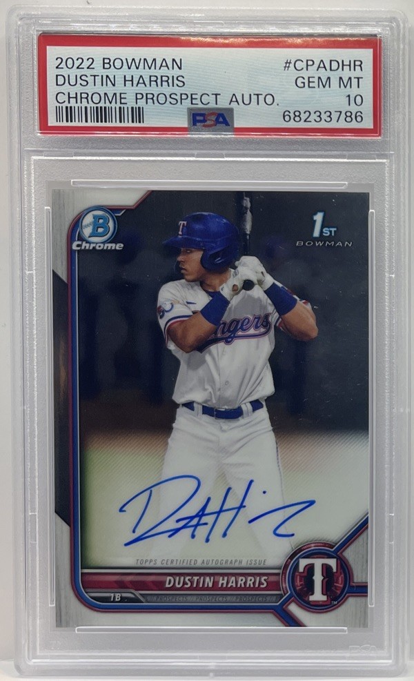Dustin Harris 2022 Bowman Chrome Prospect Auto CPA-DHR PSA 10 RANGERS
