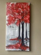 Red Maple Tree,forest, Abstract 10/20 Inches Original Painting On Canvas,