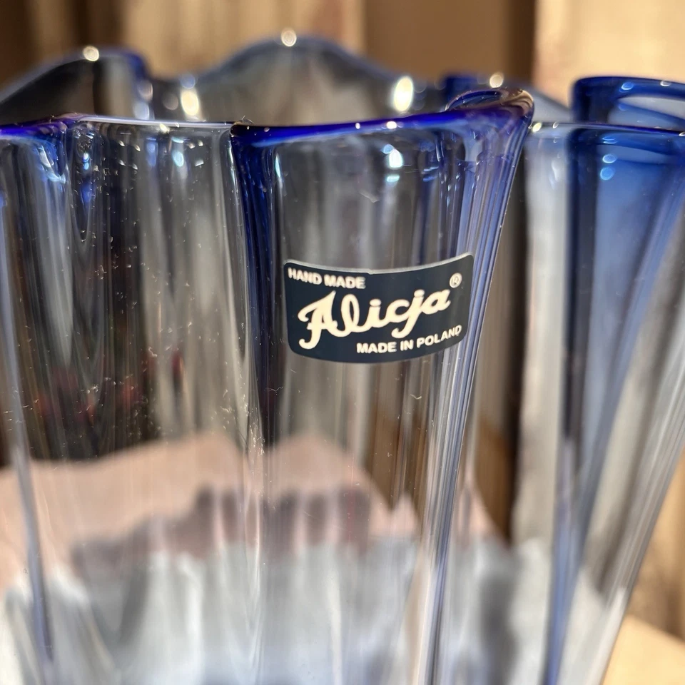 Jarrón pañuelo vintage de vidrio azul cobalto de Alicja Poland borde con volantes Foto 4 de 4