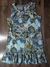 NY Collection Teal Yellow & Black Floral Mini Dress Ruffle Hemline Keyhole Sz XL