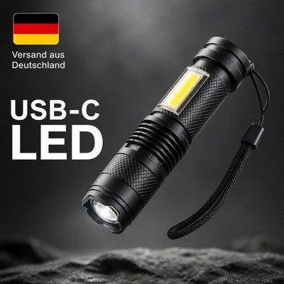 LED Taschenlampe USB C Aufladbar Mini Flashlight Zoom Camping Schwarz