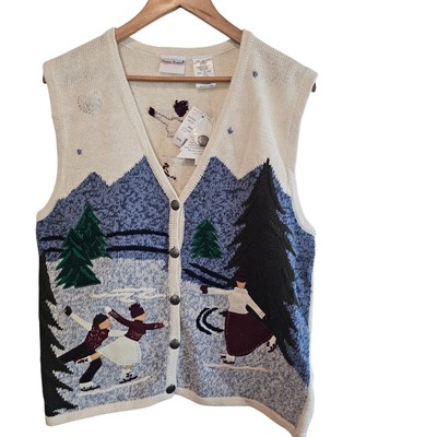 Vintage Bobbie Brooks Sweater Vest Womens Lg Winter Scene Ice Skating Granny