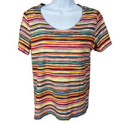 Rafaella Top Women Size L Slit Short Sleeves Multi Color Thin Stripes Scoop Neck