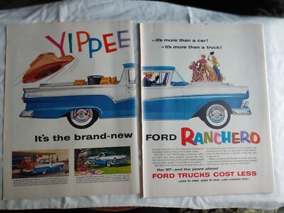 1957 VTG Original Magazine Ad FORD Auto 2PG Brand New Ranchero Yippee ...