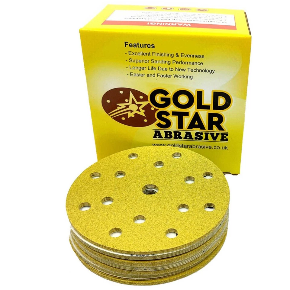 GOLDSTAR Gold Star DA Sanding Discs 150mm 6" 15 Hole Loop &Hook back Qty 5/10/25/50