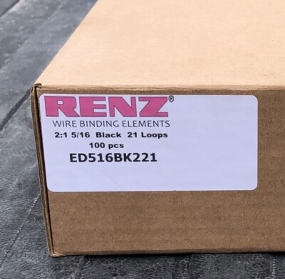 BOX of (100) RENZ 5/16'' BLACK 2:1 WIRE RING 21 LOOPS for BINDING ED516BK221