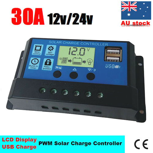 30A 12V/24V Solar Panel Battery Regulator Charge Controller LCD USB ...