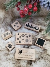 Christmas Theme Wood Red Rubber Stamp Set Of 7 Holiday Cheer Snowflakes Pines