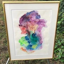 EILEEN CLARK Original 1980s ABSTRACT MODERN WATERCOLOR VINTAGE PORTRAIT PAINTING