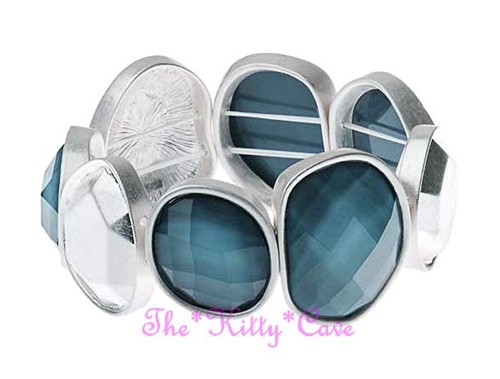 Bracciale Elastico Vintage Argento Opaco con Design Organico Pietre Sfaccettate Blu Grigio