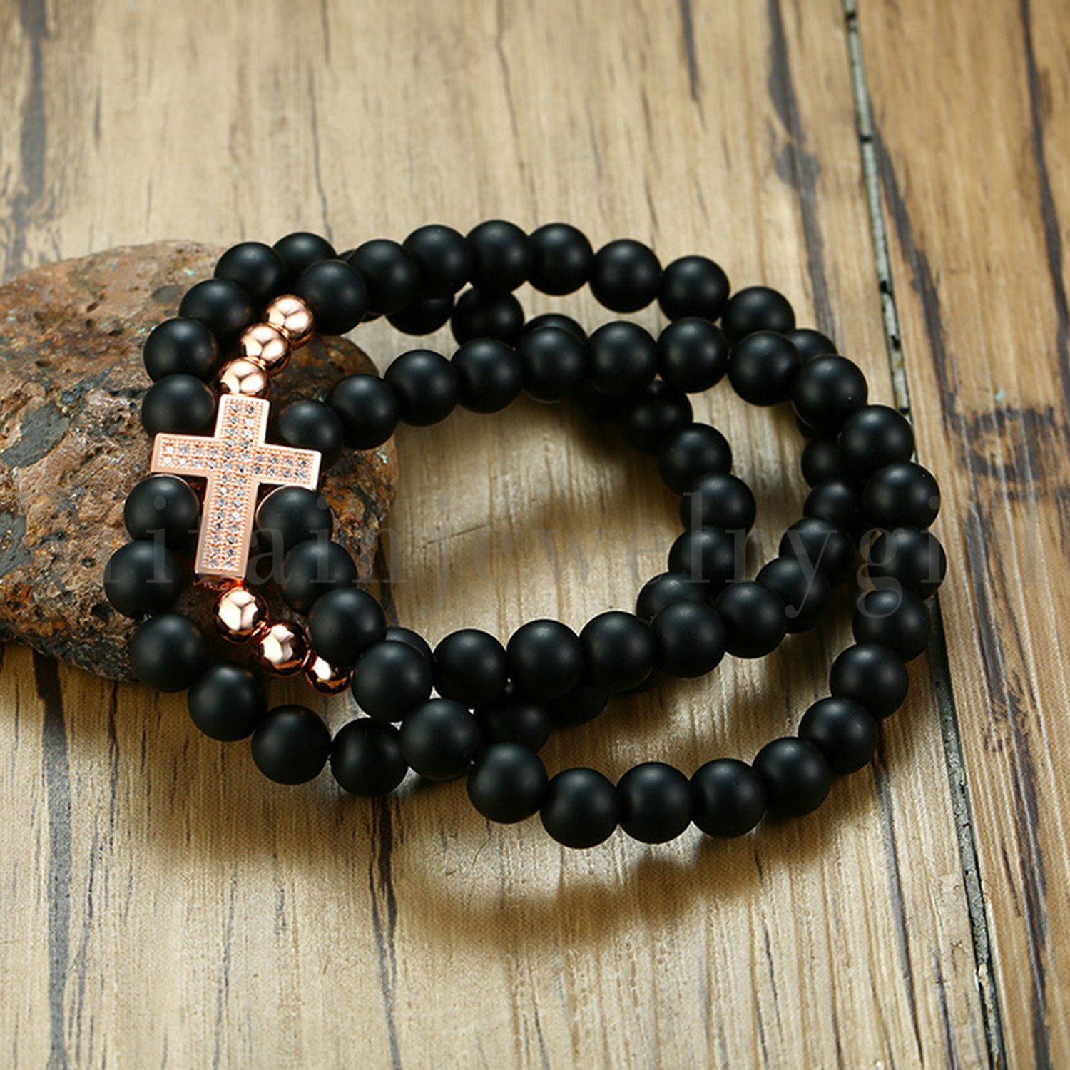 8MM Multilayer Onyx Cross Religions Beads Buddha Bracelet Men Bangle
