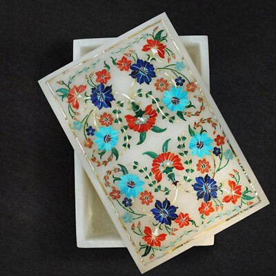 Kyna Crafts Schmuckschatulle aus weißem Marmor mit Stein-Einlage, Floral