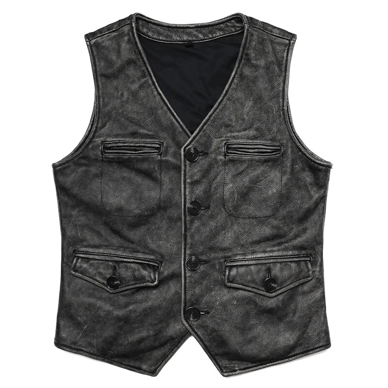 Men's Safari Biker Slim Sleeveless Jacket Vintage Grey Genuine Mens Leather Vest