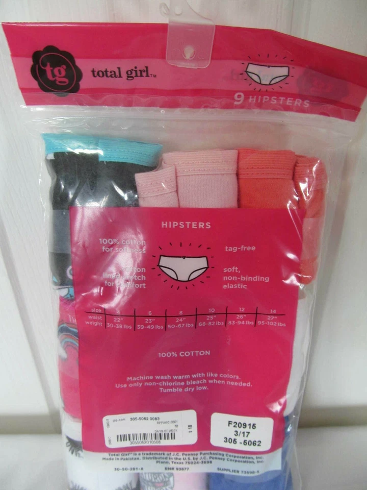 NUEVO CON ETIQUETAS TOTAL GIRL MARCA 9PK HIPSTERS ROPA INTERIOR BRAGAS COLORIDO NOVEDAD ESTAMPADO Foto 2 de 3
