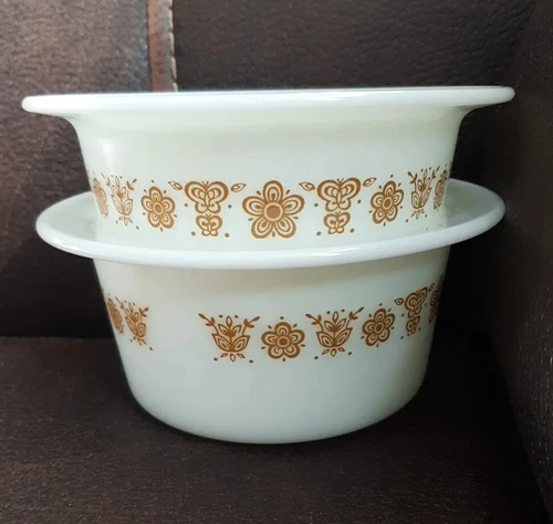 Vintage 75 Pyrex Butterfly Gold Milk Glass Butter Bowls Round 2 Set Lot *NO LID*