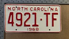 1968 North Carolina license plate 4921 TF YOM DMV Ford Chevy Dodge 22037