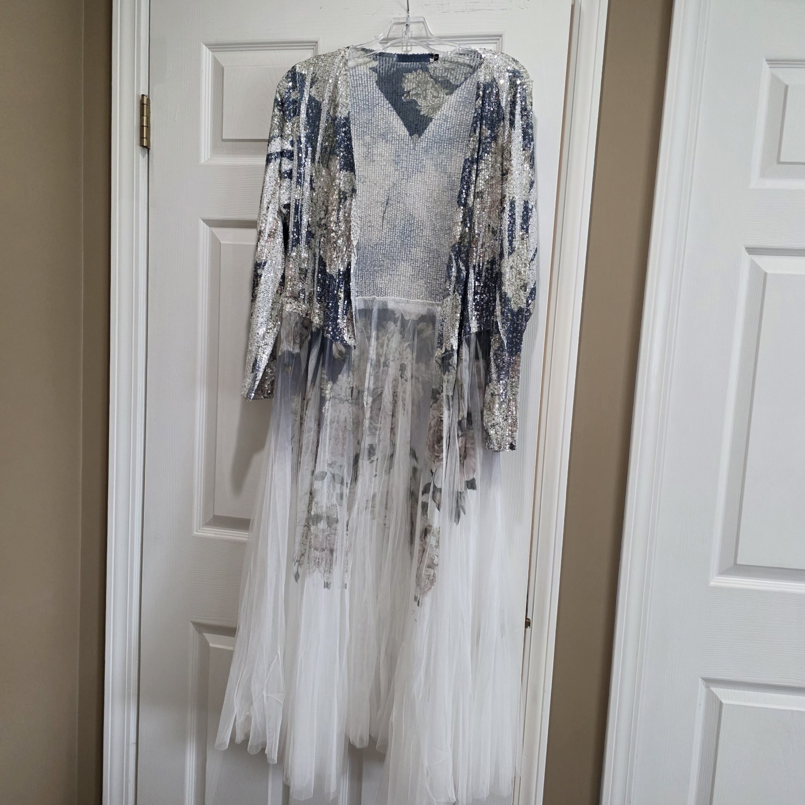 Origami by Vivien Navy Blue Floral Sequin Lace Duster Kimono - Medium