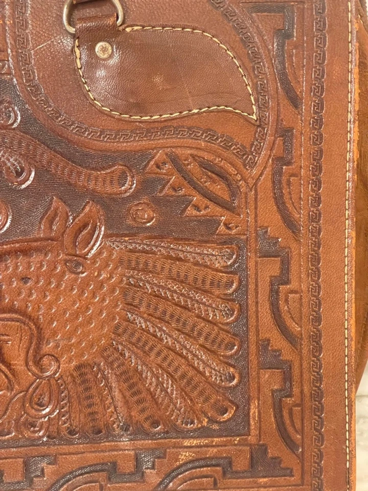 Vintage Hand Tooled Leather Briefcase Aztec Calendar Eagle Design Brown Bag - Image 3 of 4