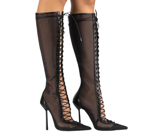 Mujeres Malla Hueca Punta abierta Con cordones Sobre la rodilla Muslo Botas Tacones Altos Tacones de aguja Foto 4 de 4