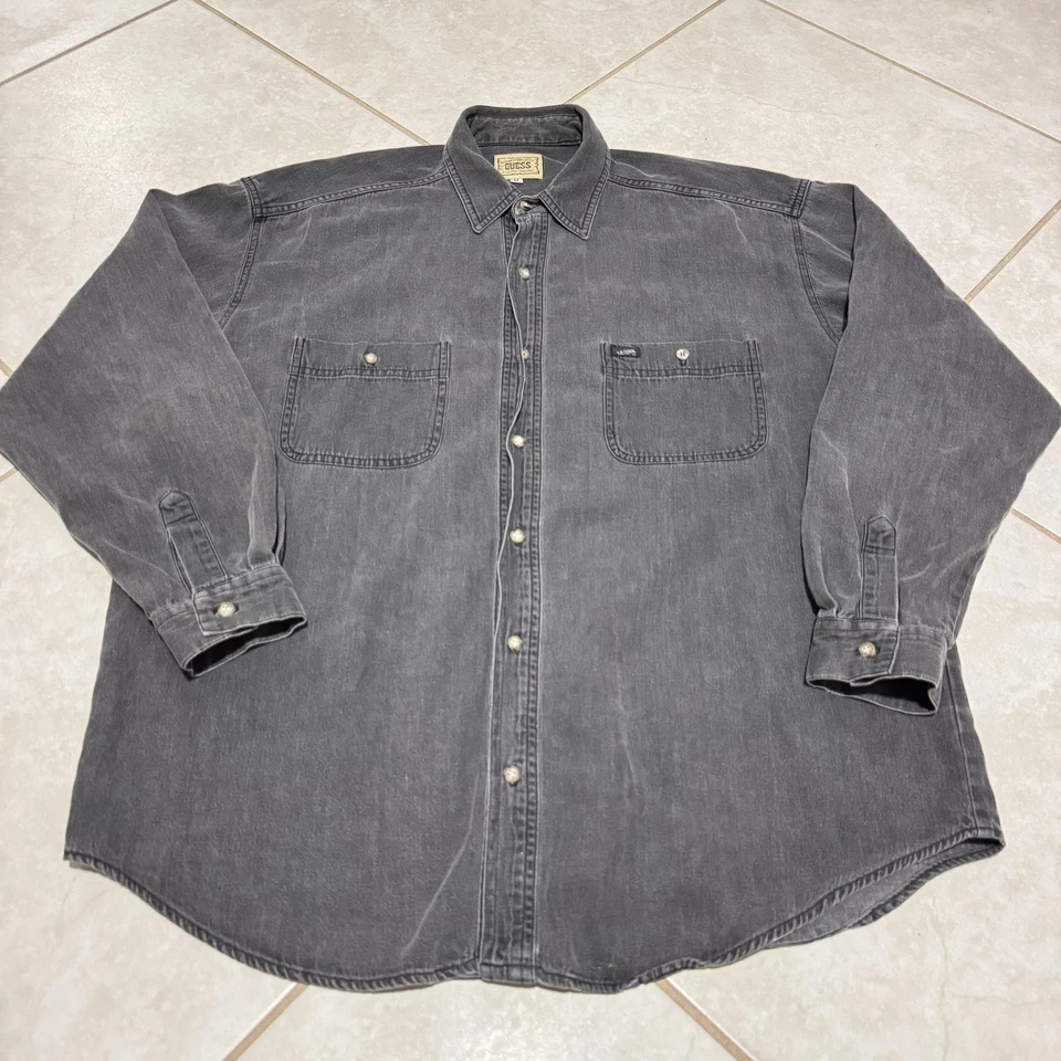Vintage GUESS by Georges Marciano Shirt Mens Medium Black Denim Western USA 90s Foto 2 de 4