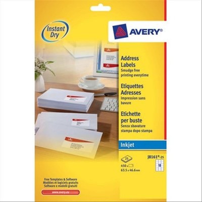 Avery J8161-25 addressing label - addressing labels (White, Inkjet, 63.5 x 46.6 