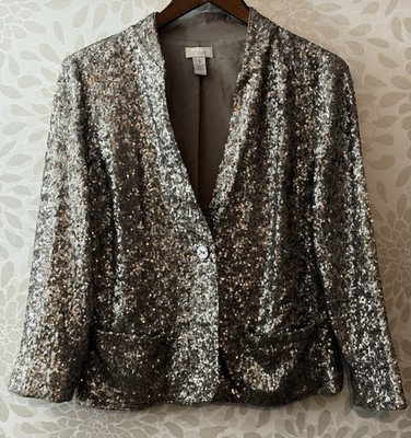Chico s Sz 1 Women s M Bronze Champagne Sequin Sparkle Evening Jacket Blazer
