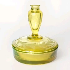 Antique Vaseline Art Glass Fostoria Etched Vanity Powder Jar Perfume Bottle Lid 