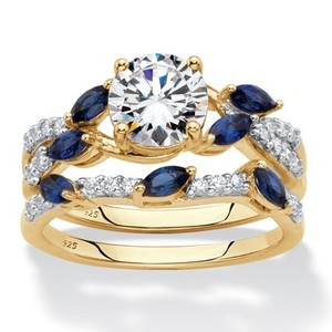 Authentic 2.63 Cttw. Gold-Plated Sterling Silver CZ and Created Sapphire Bridal Ring Set