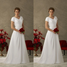 Chiffon Wedding Dresses V Neck Short Sleeves Beaded A Line Train Bridal Gown