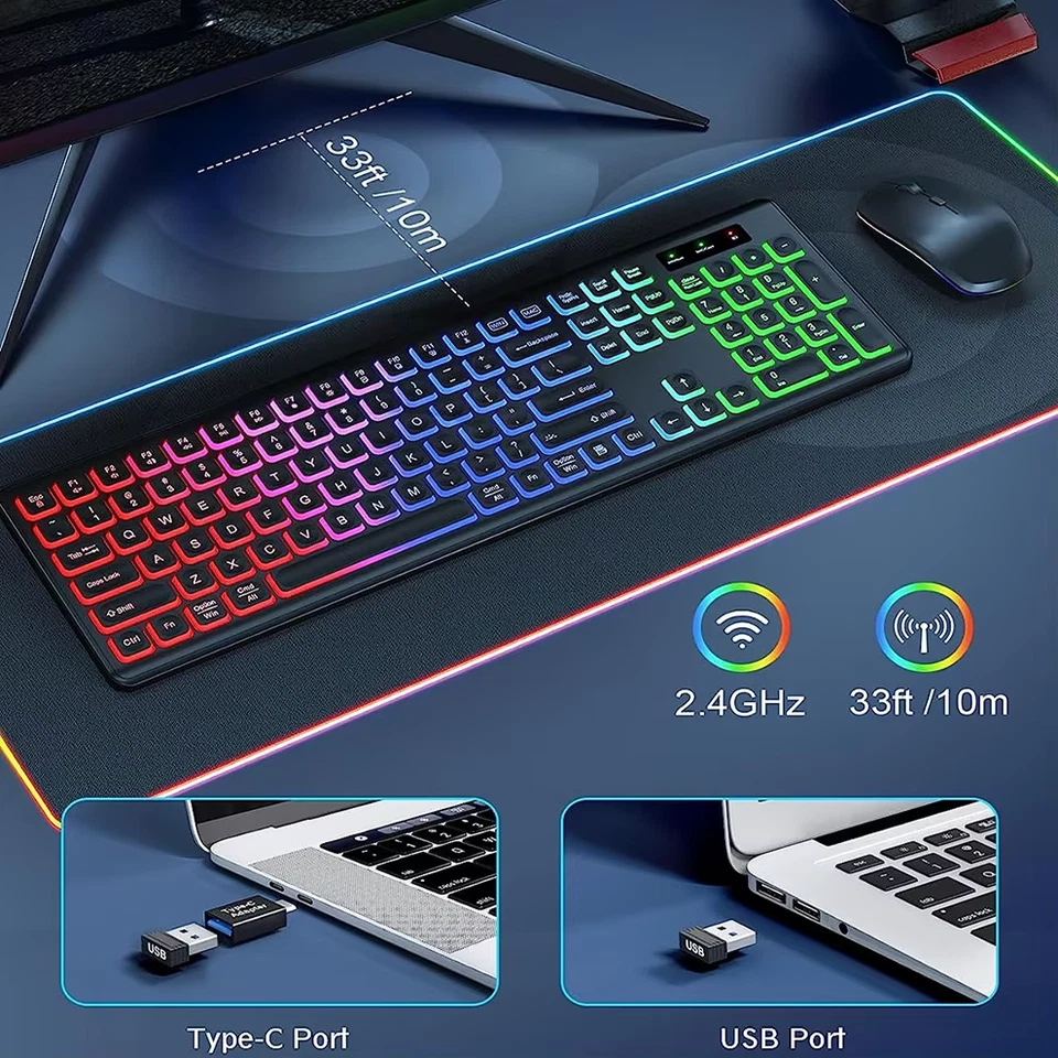2.4G Wireless Keyboard Mouse Combo RGB Backlit Rechargeable Full-Size Ergonomic - Image 2 of 4