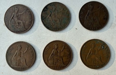 Lot 6 Vintage British Pennies - George V & George VI - 1921-1948
