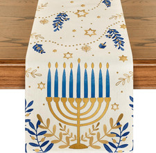 Watercolor Beige Star Olives Hanukkah Table Runner, Seasonal Chanukah Menorah Ki
