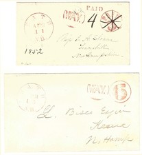 Bath, NH, circa 1852 Way covers, Paid 4 and Due 6, rare matched pair, very fine