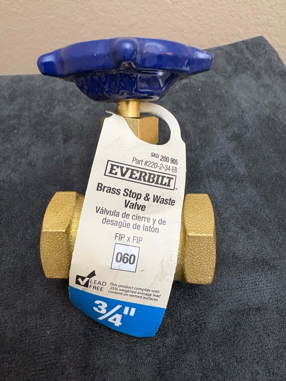 Everbilt 3/4" Brass Stop & Waste Valve 220-2-34-EB FIP x FIP Water Shutoff