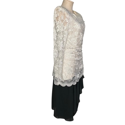 Vintage Unbranded Women Dress Long Sleeve A Line Ruched White Lace Black 11 / 12 - Picture 2 of 9