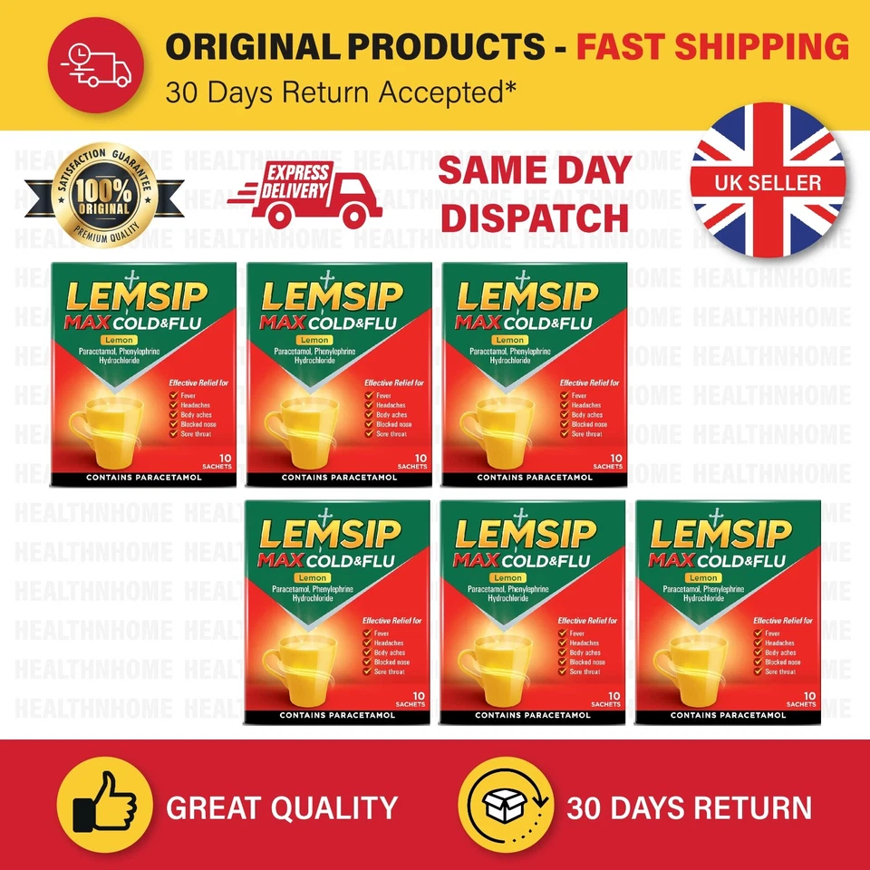 6x Lemsip Max Cold & Flu - Fever | Aches | Blocked N- Lemon Flavour - 10 Sachets